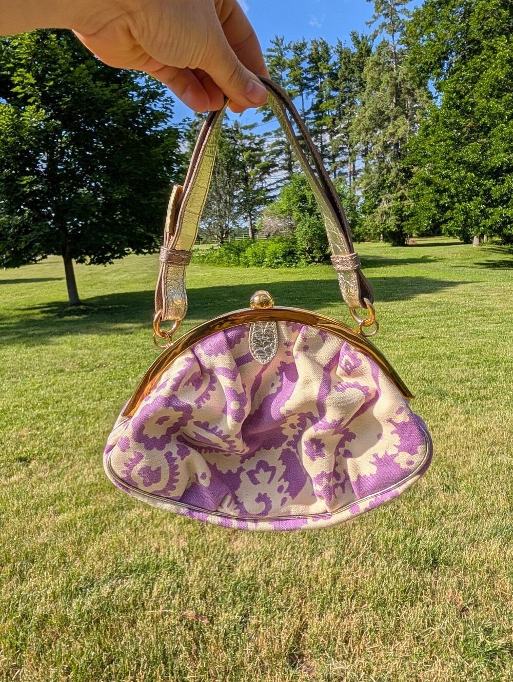 Vintage Y2K 2000s Etro Italy Metallic Jacquard Kiss Lock Dumpling Bag Purple Vtg